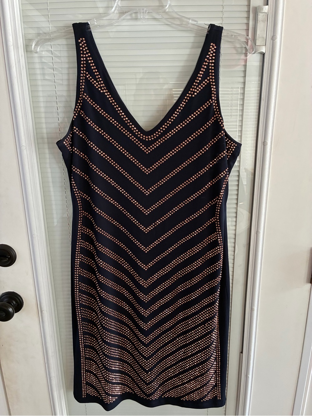 Carmen Marc Valvo Navy Dress with Rose-Gold Studded Chevron Detailing